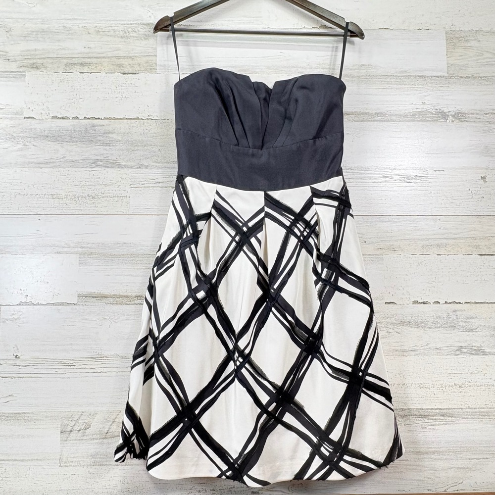 White House Black Market Strapless Dress Womens 4 Black White Grid Chic
